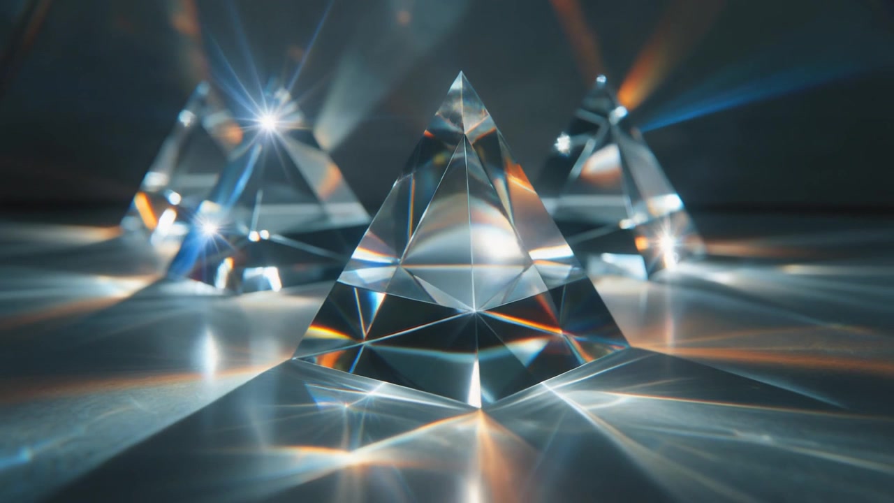 Tre piramidi di vetro che riflettono la luce e creano prismi arcobaleno.