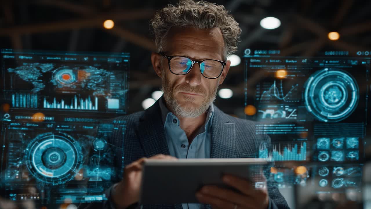 An Experienced Professional Analyzing Advanced Data Insights Through Interactive Digital Displays in a High-Tech Environment