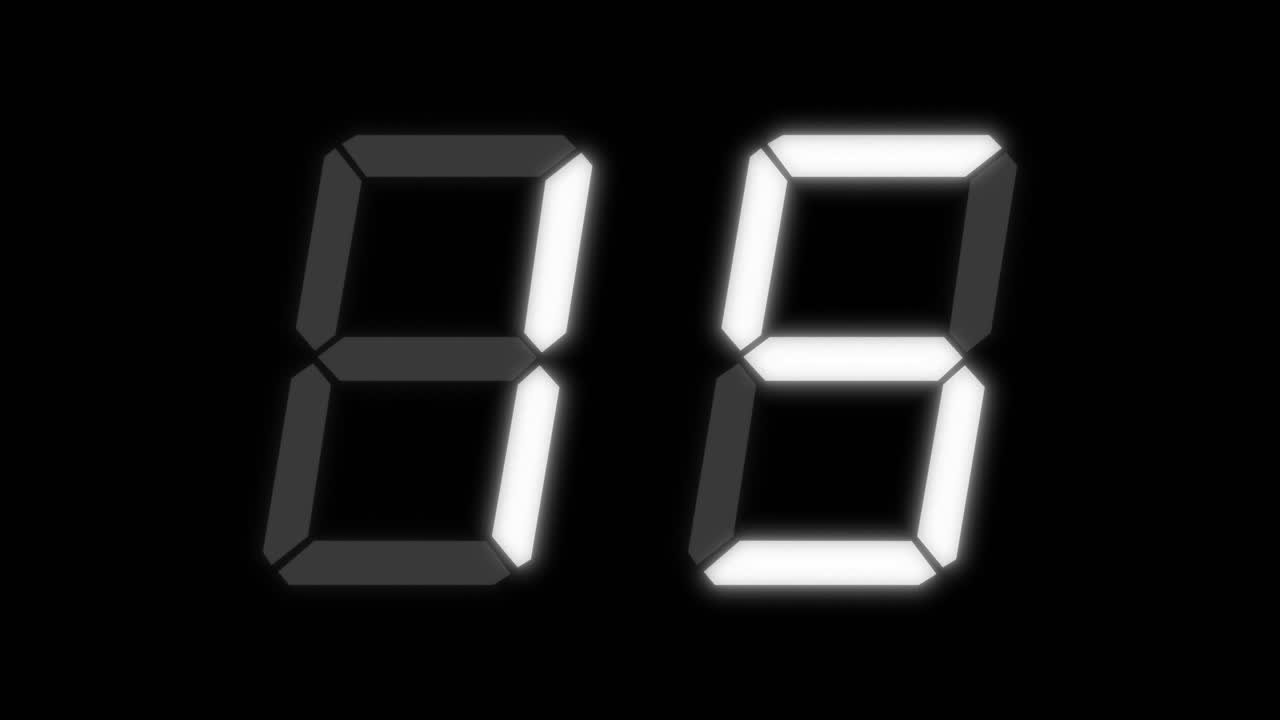 Two digit, thirty second digital clock counting up from zero. White digits on black background. Retro digital alarm clock with glow and light noise