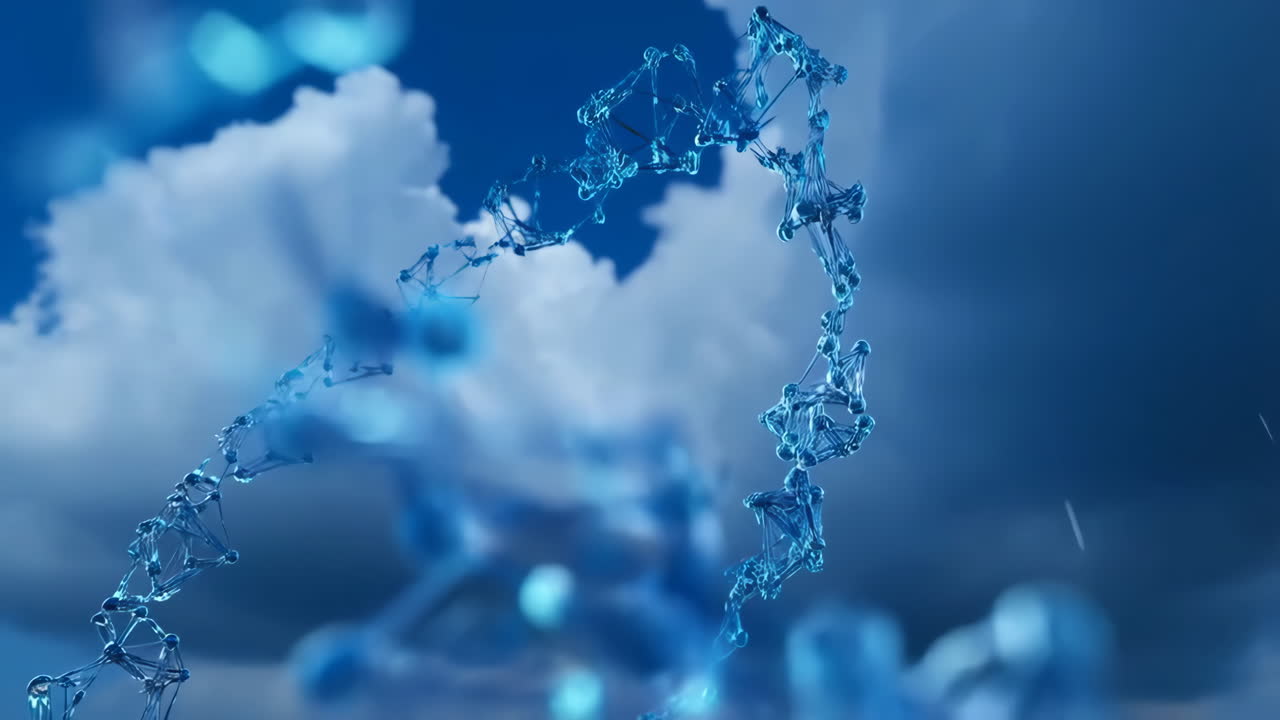 Abstract Blue DNA Helix Structure Against Sky and Clouds
