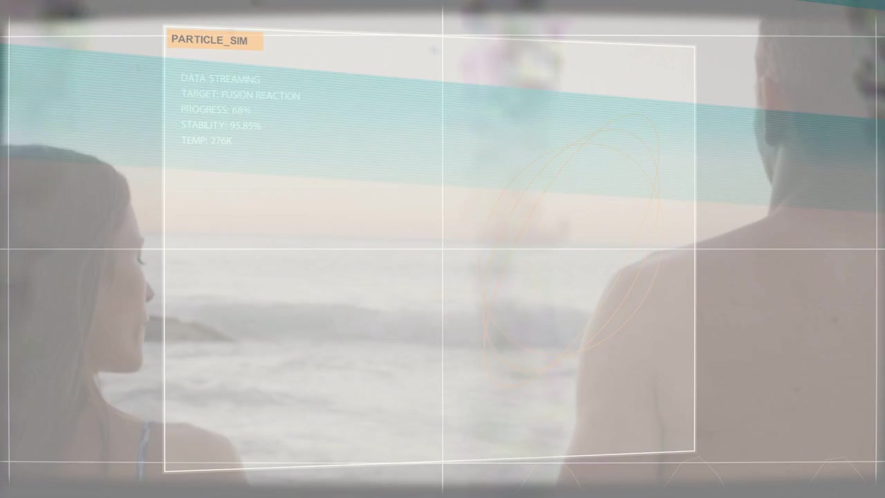 Female and male standing shore observing plume, sim starting, PARTICLE_SIM panels sliding over sea