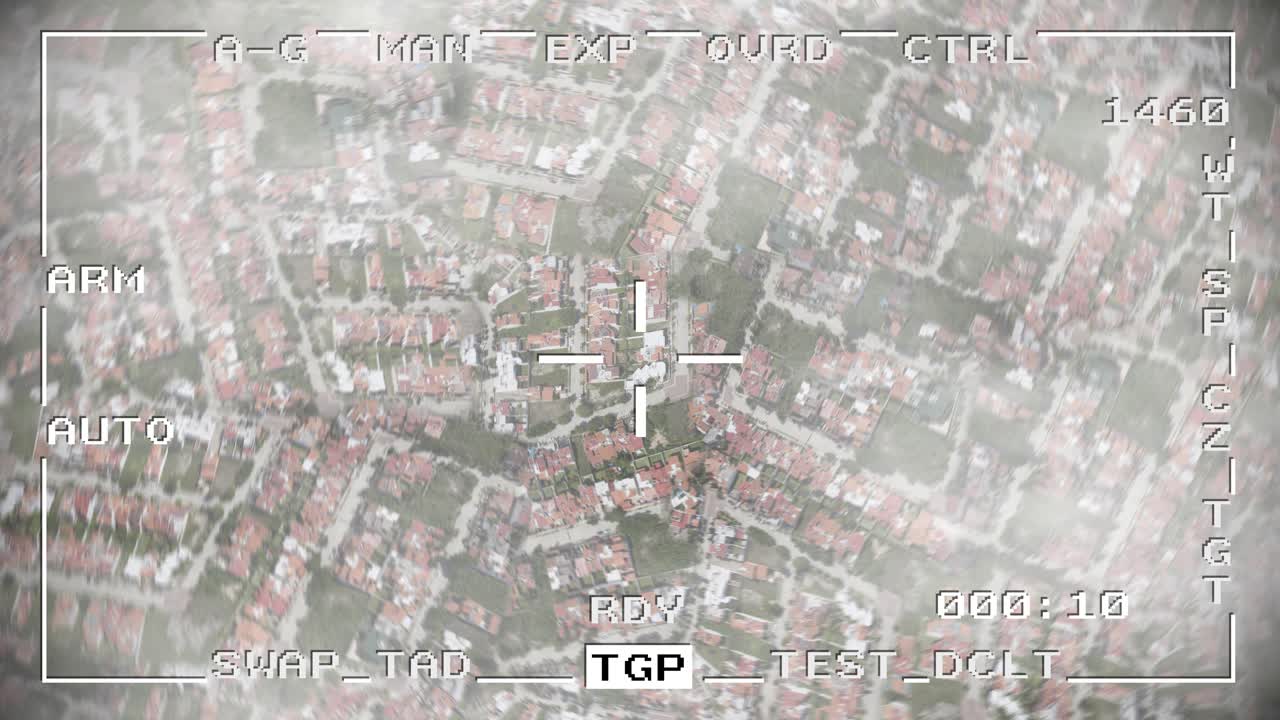 스마트 폭탄 미사일 던지기 군사 드론 스파이 전쟁 pov 공중 총격 떨어지는 4k