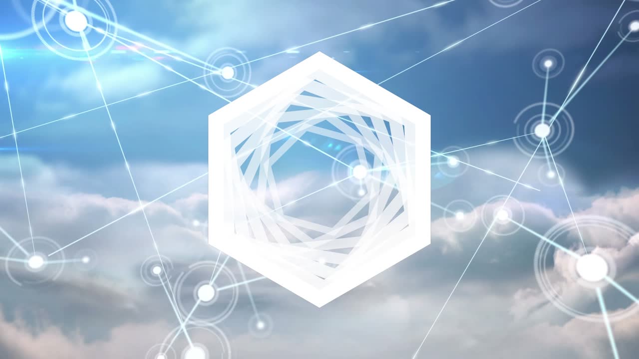 Animation of geometrical shape over network of connections on cloudy background