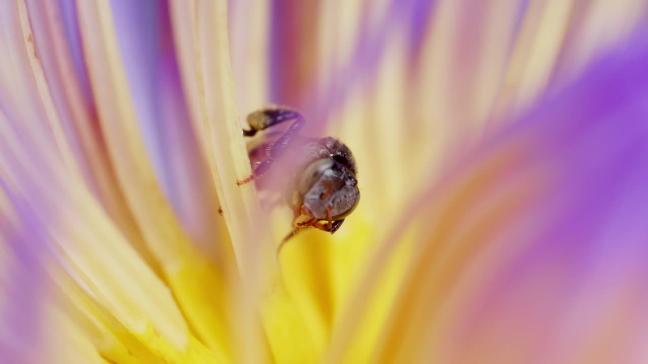 flor de loto púrpura de primer plano con enjambre de abejas en la superficie del agua