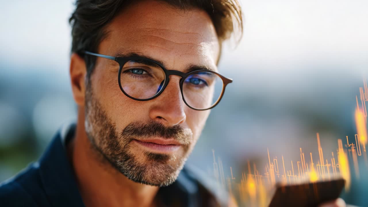 En eftertænksom mand med briller holder en smartphone, mens han kigger ind i kameraet, omgivet af en sløret baggrund, der antyder moderne teknologi og datatendenser gennem digitale grafiske visuelle elementer.