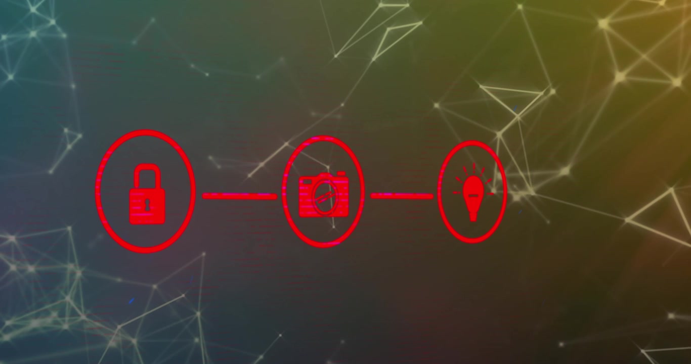 Animation of network of digital icons and plexus networks against gradient background