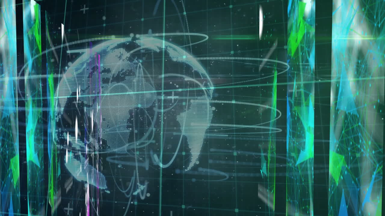 Digital globe with abstract patterns processing data over grid background animation