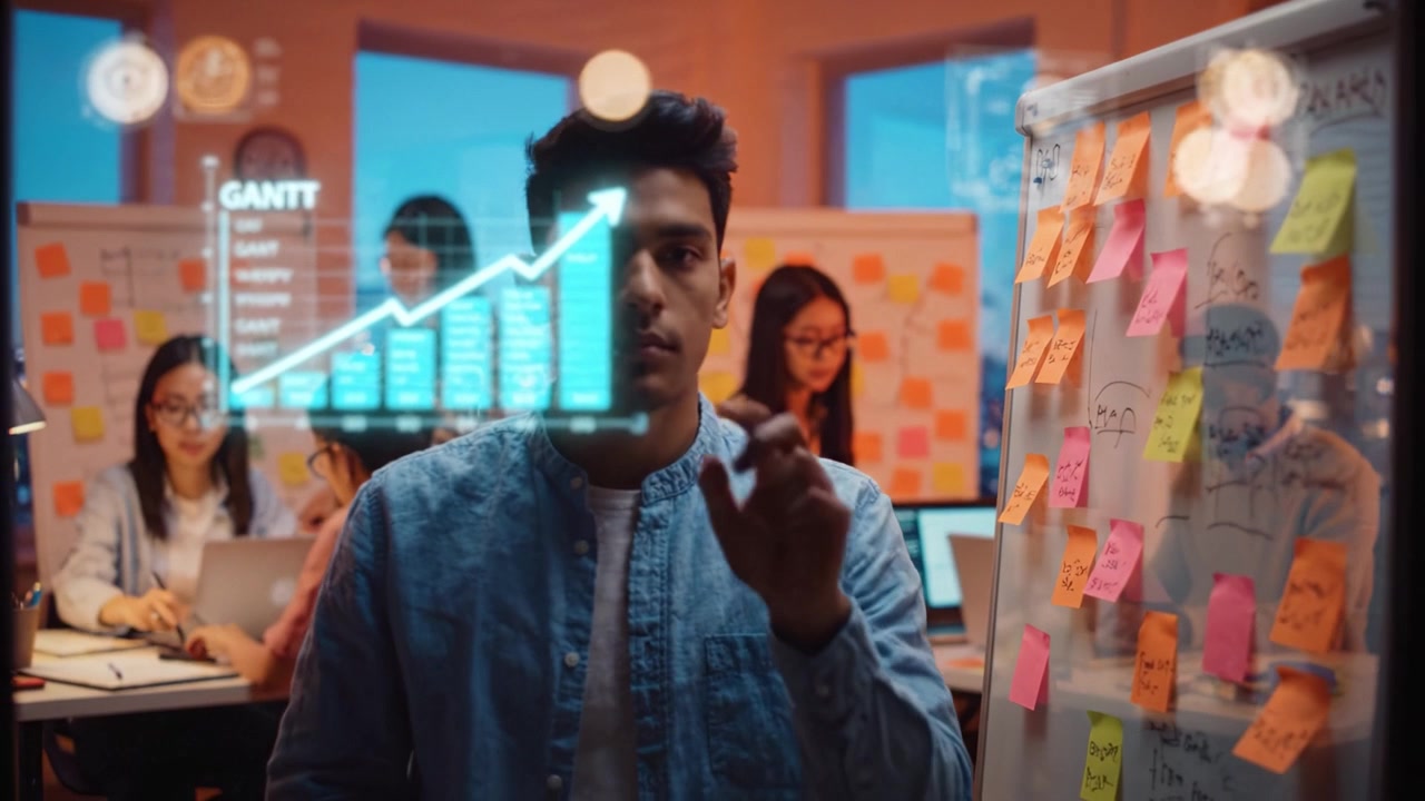 Focused individual analyzing project metrics in a collaborative workspace, surrounded by colorful sticky notes and engaged team members in a modern office environment.