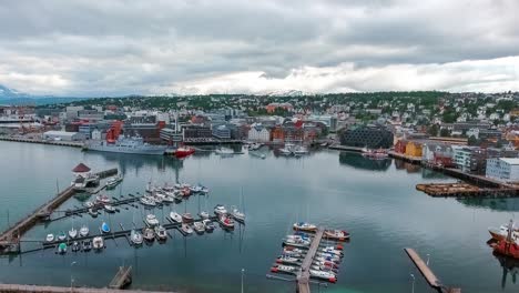 View-of-a-marina-in-Tromso,-North-Norway