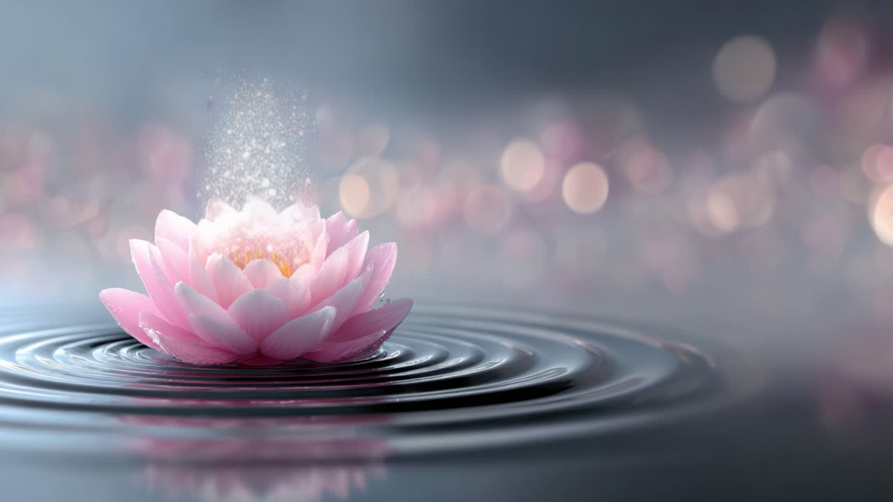A Tranquil Lotus Flower Blossom Rising from Serene Waters, Surrounded by Gentle Ripples and a Mystical Glow in a Dreamlike Setting