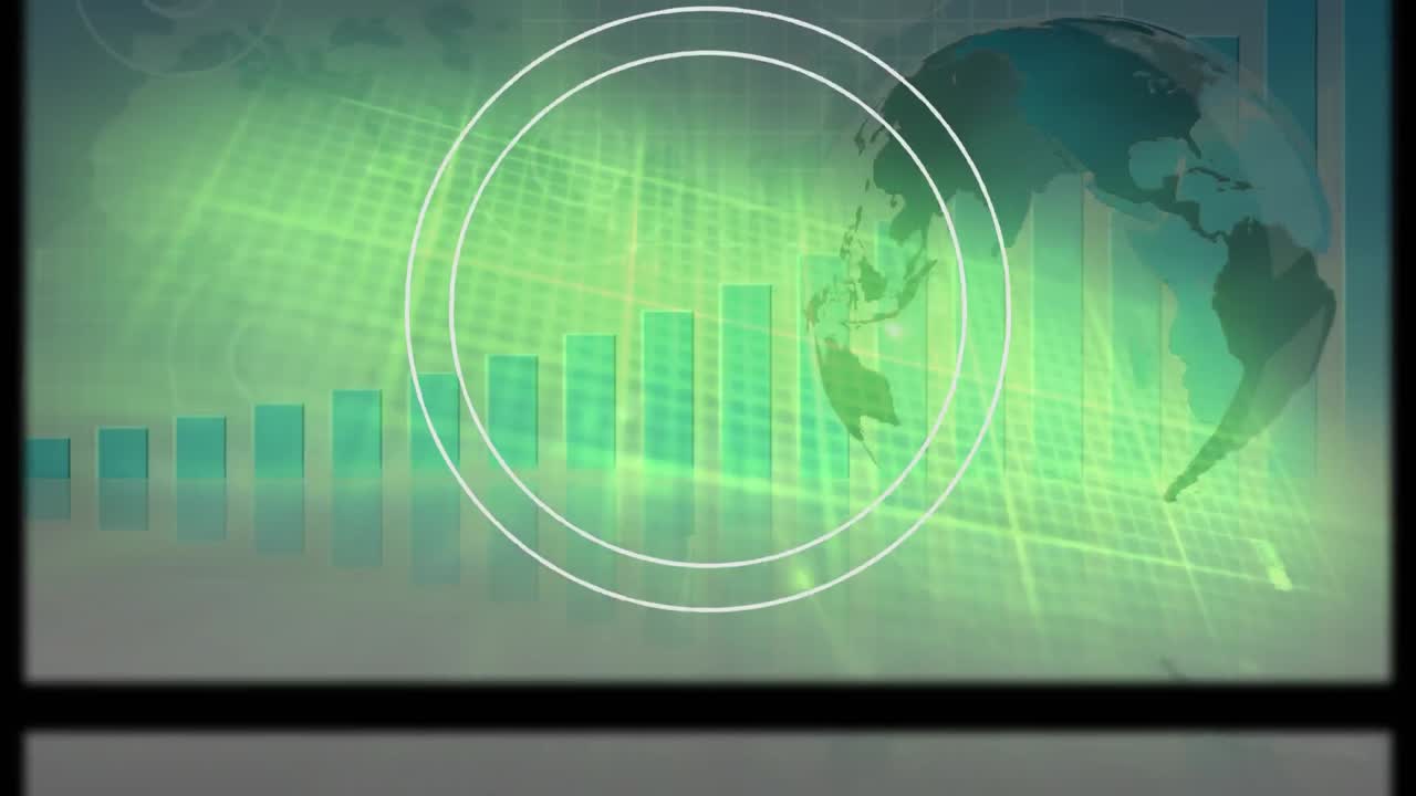 animación de alcance circular y marco deslizante sobre sobre gráfico, globo y procesamiento de datos, en verde