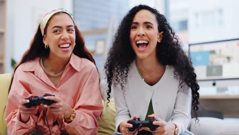 women friends, sofa and controller for video game