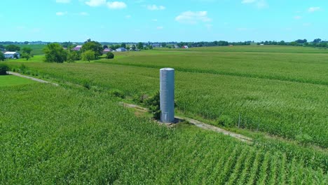 aerial view of an old water tower in the middle of a green corn field
