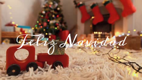 feliz navidad written over fireplace at christmas time