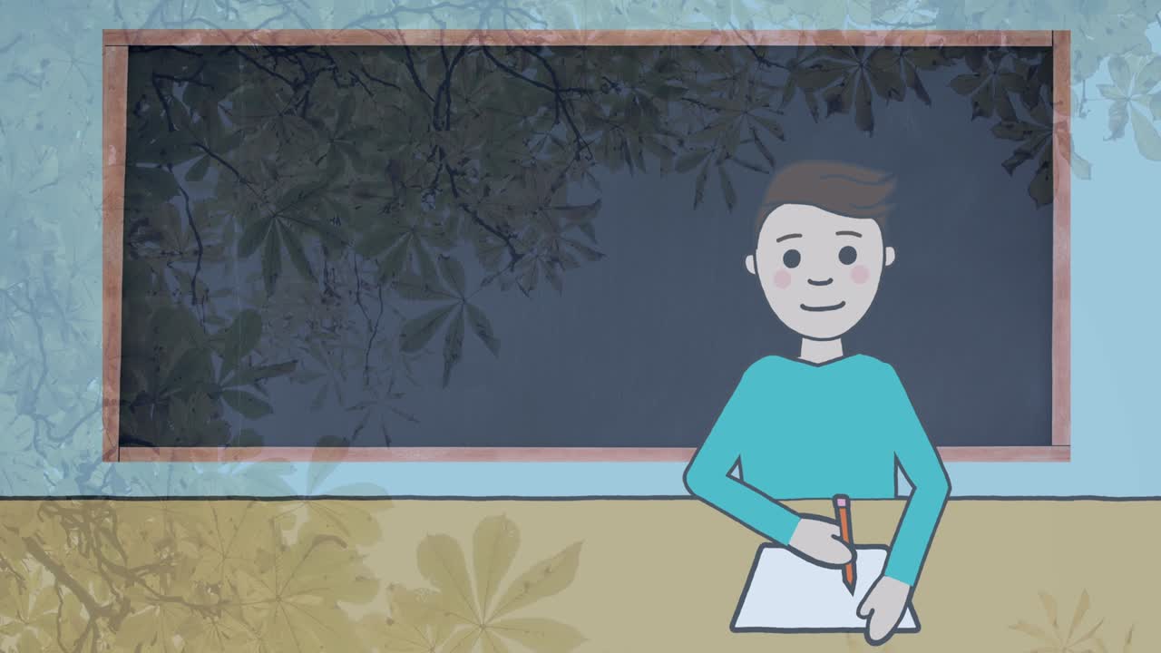 animación de un niño caucásico escribiendo en un cuaderno sobre la pizarra en la escuela