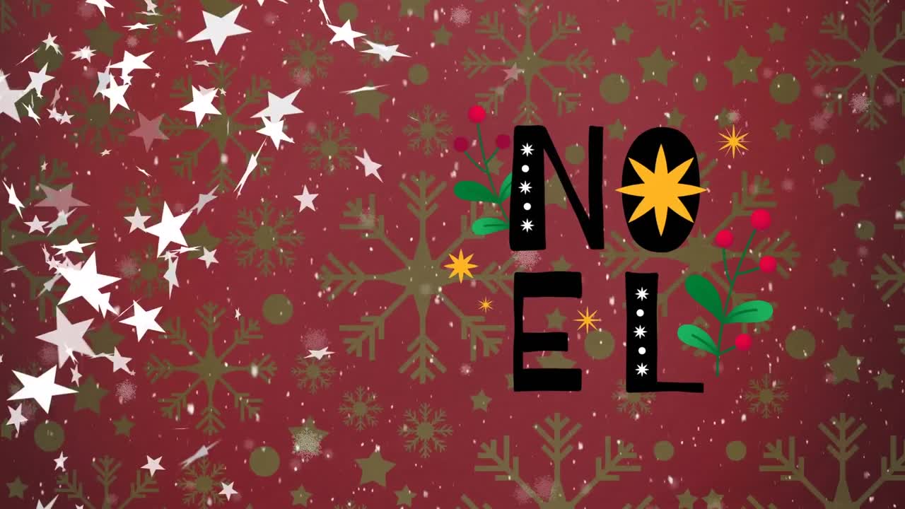animación de noel sobre las estrellas en fondo rojo