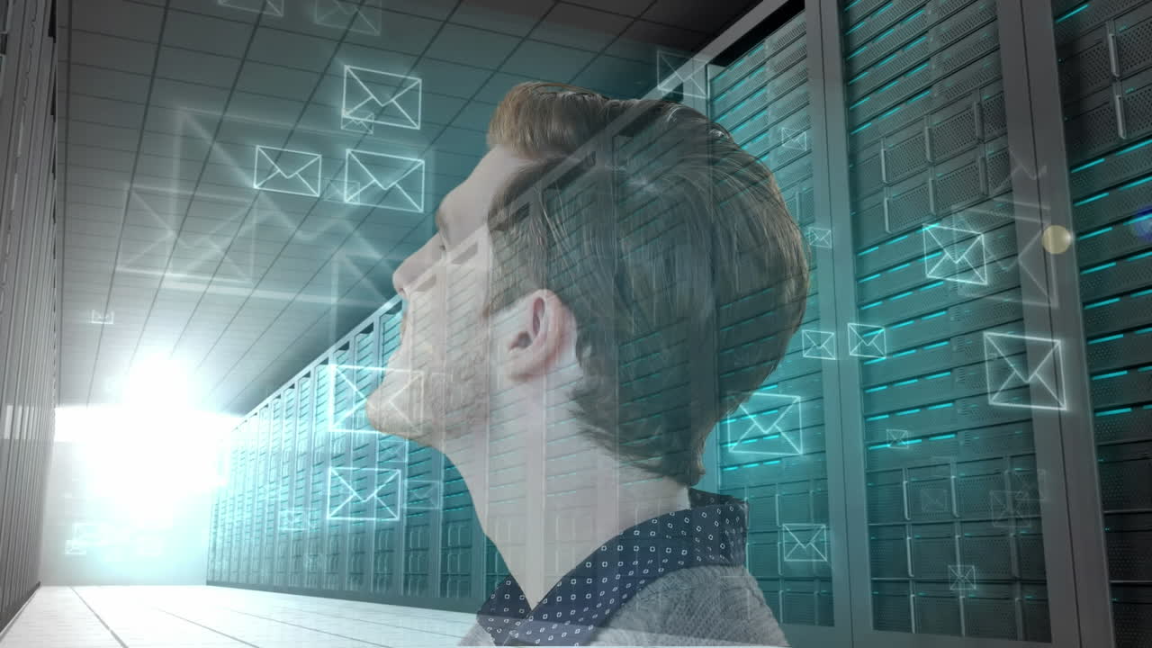 animación de procesamiento de datos e iconos de sobres sobre servidores de empresarios y computadoras