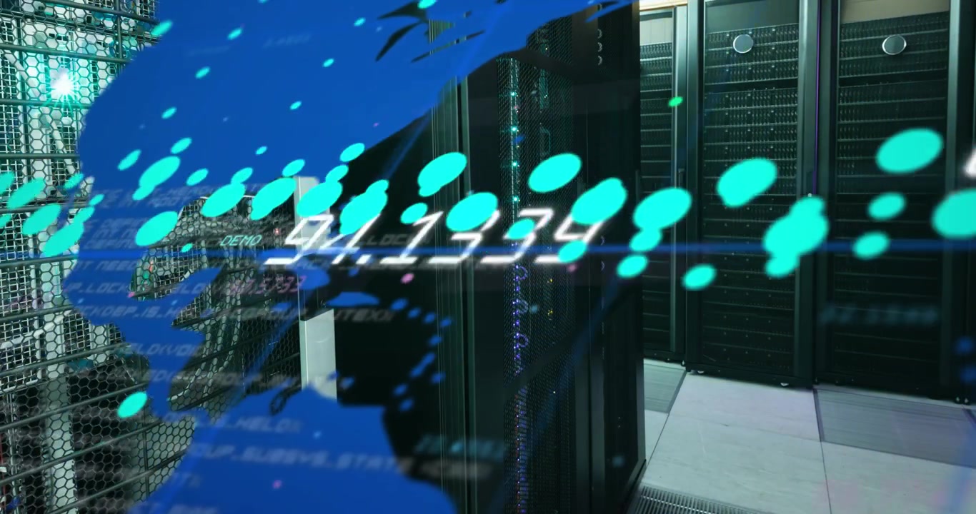 Animation of data processing over world map and computer servers