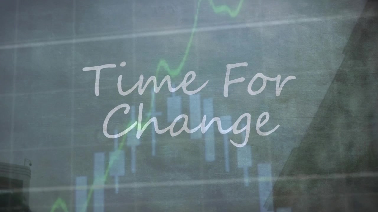 Animation of time for change text banner over financial data processing against tall building