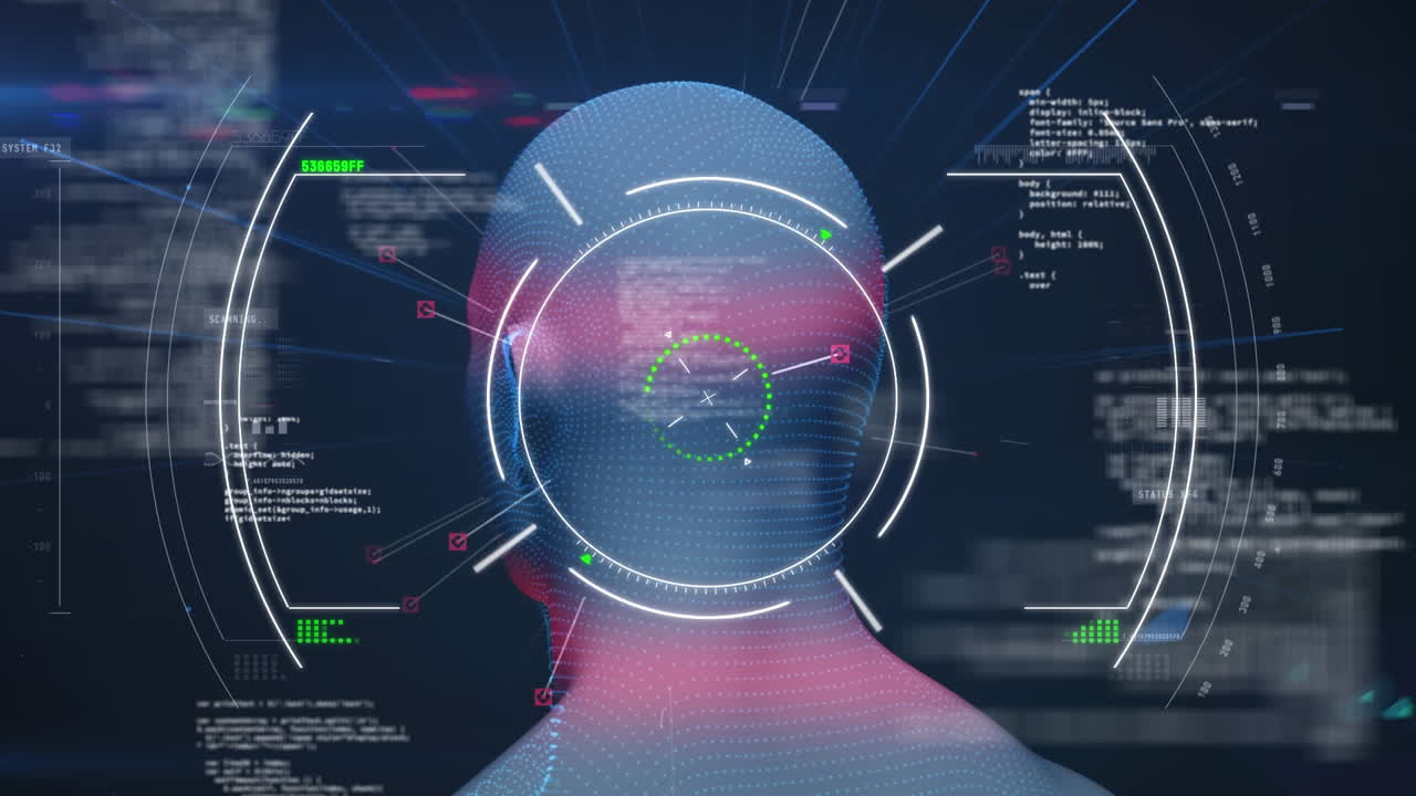 animación de la cabeza humana girando con procesamiento de datos de interfaz digital