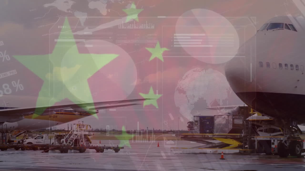 animación de procesamiento de datos y bandera de china sobre aviones en el aeropuerto