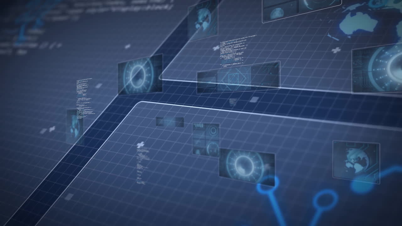 Animation showing futuristic digital interface with data processing in global network