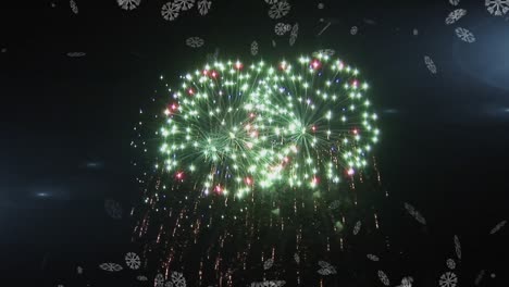 Animation-of-snow-falling-and-fireworks-over-dark-background