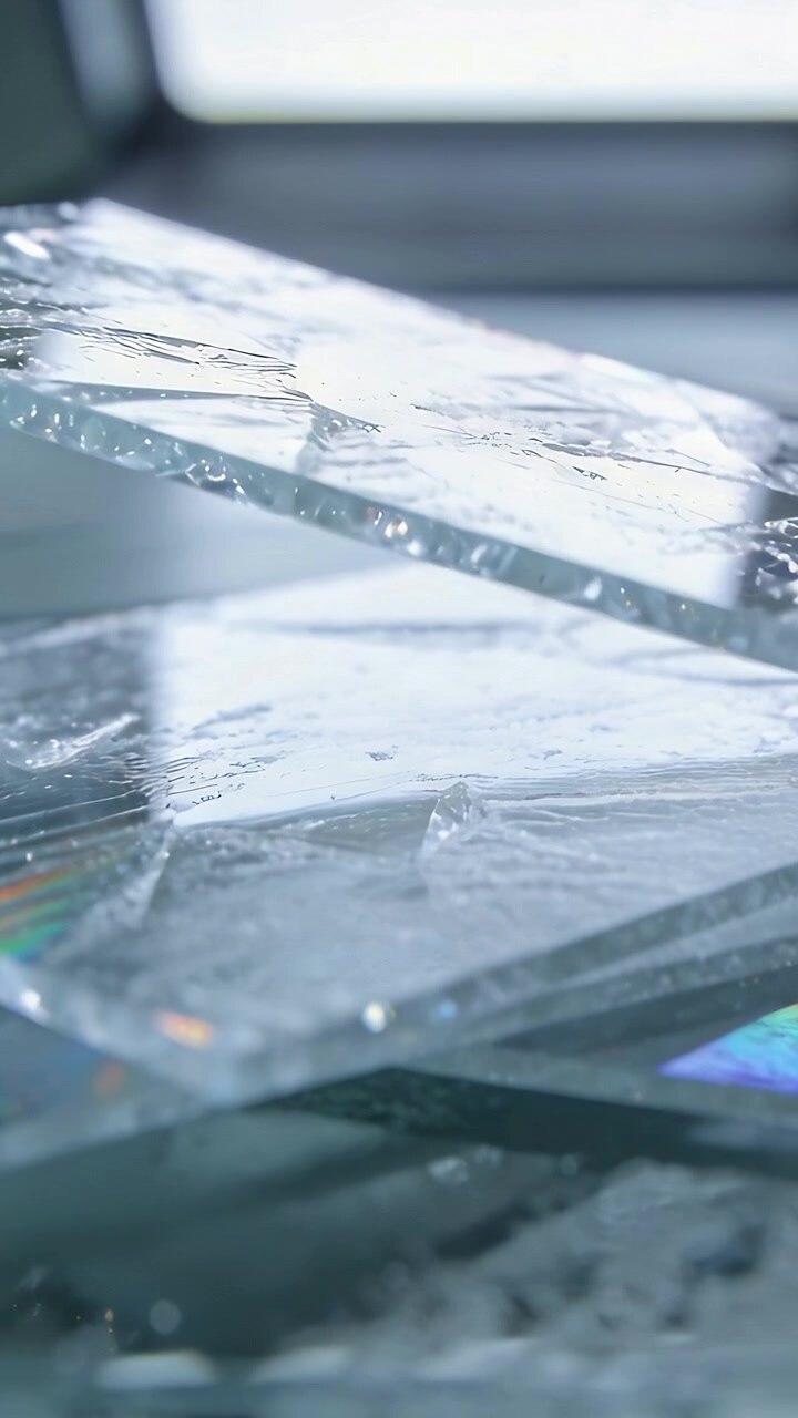 Vertical video: Panning camera inspecting glass stack on studio table by window, revealing droplets