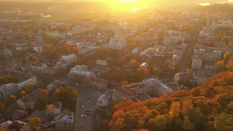 drone aerial view of kaunas city, during autumn sunset