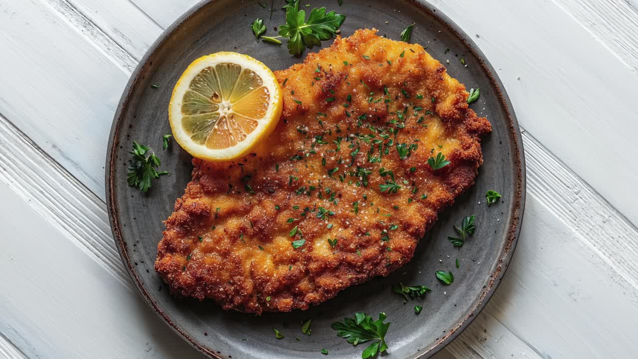 schnitzel de pollo crujiente en un plato de cerámica gris con limón