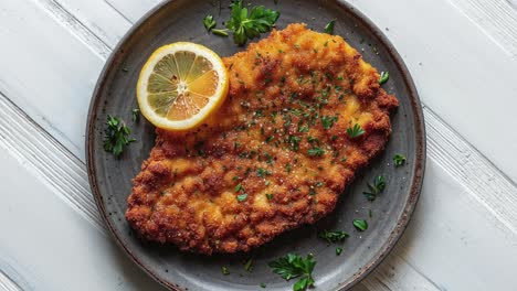 crispy chicken schnitzel on a gray ceramic plate with lemon