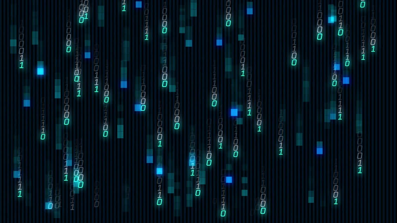 Binary code and data stream animation over dark background with vertical lines