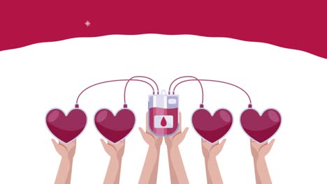 campaña del día mundial de los donantes de sangre con las manos levantando corazones y bolsas