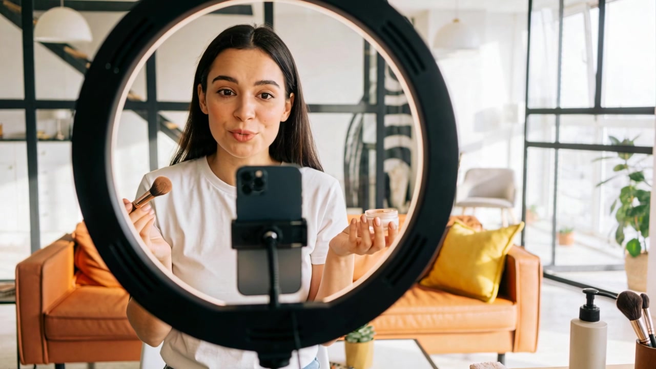 Beyaz tişört giymiş bir vlogger'ın evde allık sürerken, pudra kutusunu gösterirken ve halka ışıklı telefonla tanıtım yaparken çekilen görüntüsü.