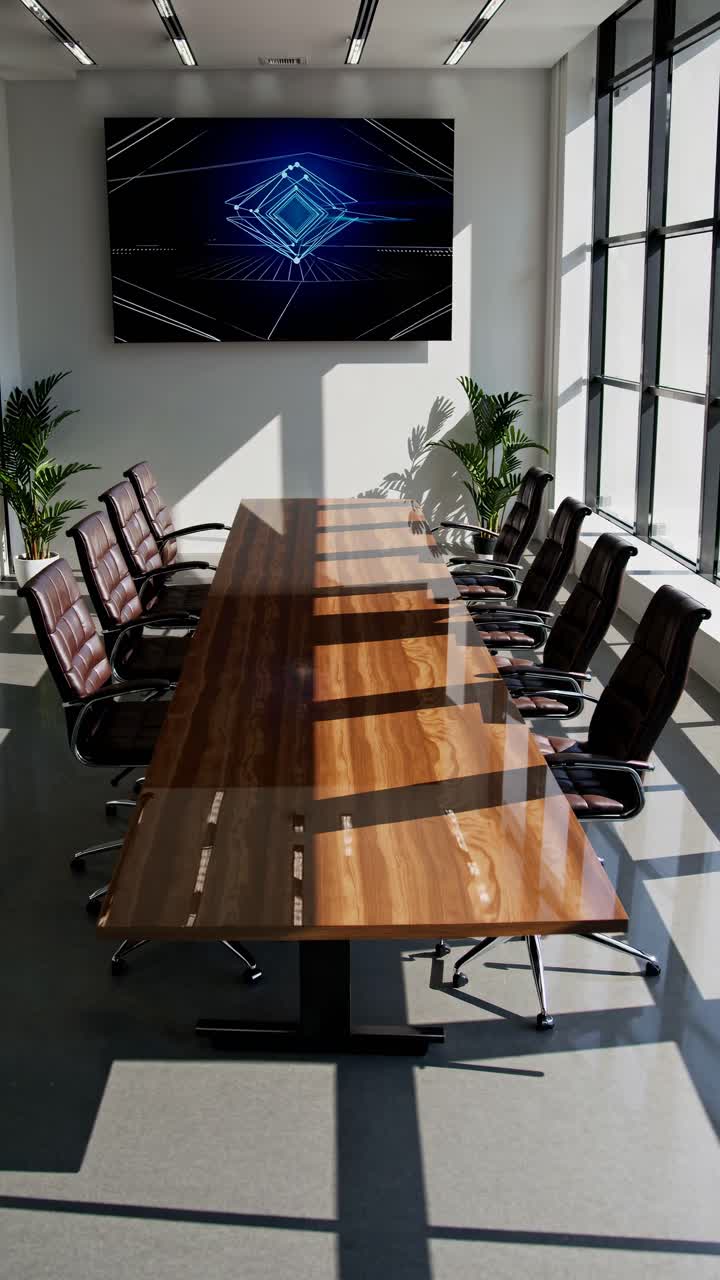 Sala de conferencias moderna con una larga mesa de madera, sillas y una gran pantalla de video