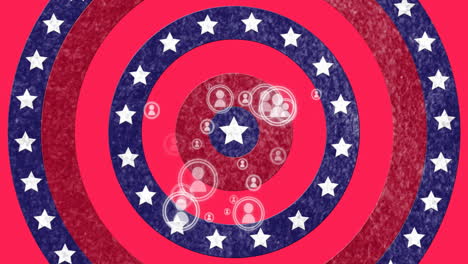 animation of social media icons over red and blue circles with stars