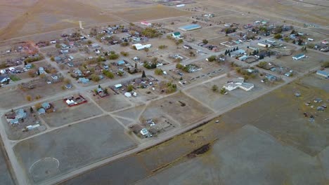 drone view over head of the town of empress alberta canada during the daytime in the prairies