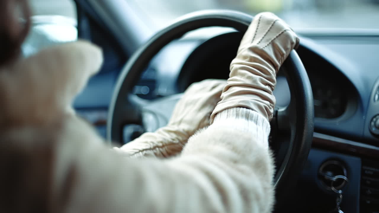 Woman driving a car in slow motion, hands on wheel