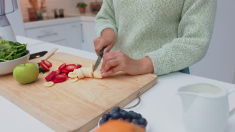 smoothie, breakfast and a woman cutting fruit