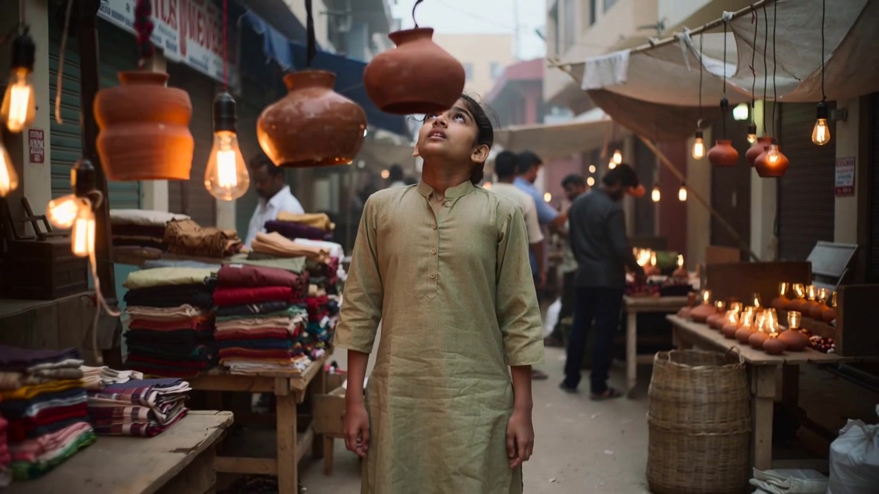 Looking up, girl wearing olive kurta in market curiously watching pots and bulbs as pot swings
