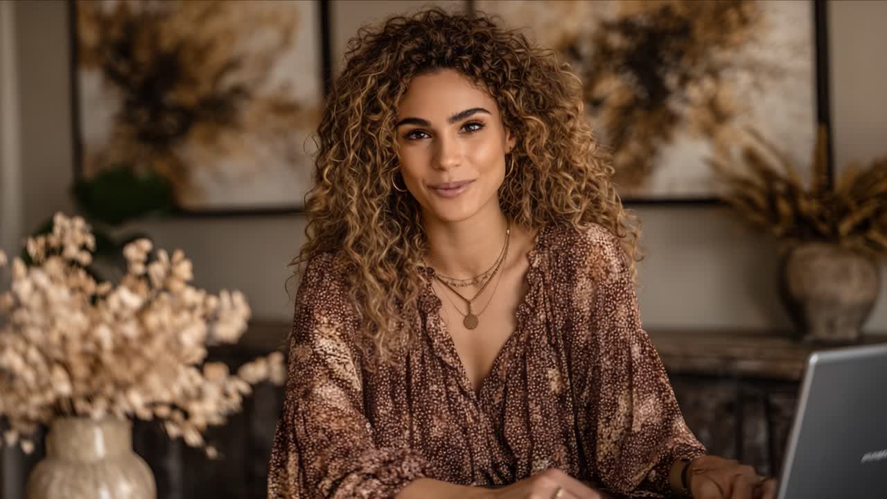 Um espaço de trabalho acolhedor e convidativo: uma mulher sorrindo sentada em uma mesa cercada por uma decoração inspirada na natureza, transmitindo confiança e simpatia