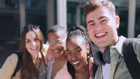 university, peace sign and face selfie of friends