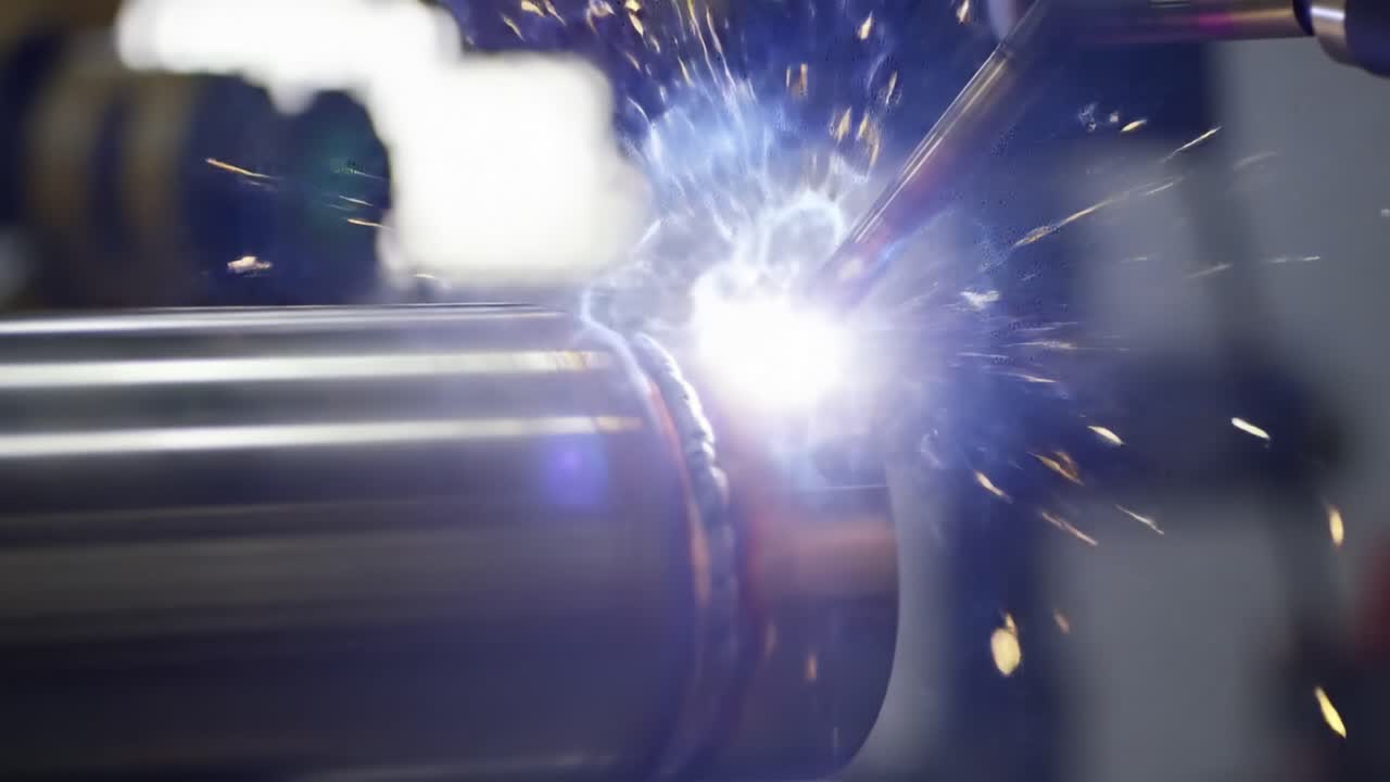 Precision Welding Process in Action: A Close-Up View of Automated Welding Techniques with Sparks and Metalwork Creation