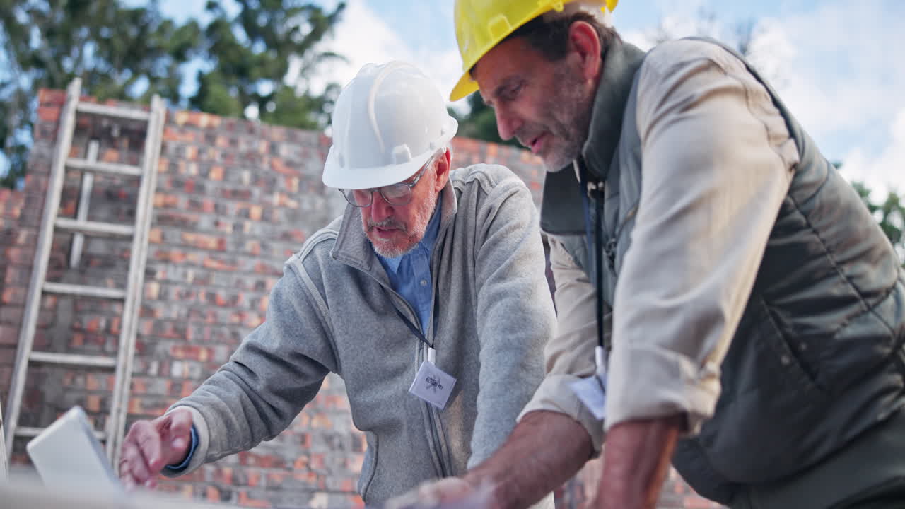 Construction workers reviewing plans on a job site