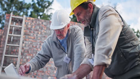 construction workers reviewing plans on a job site