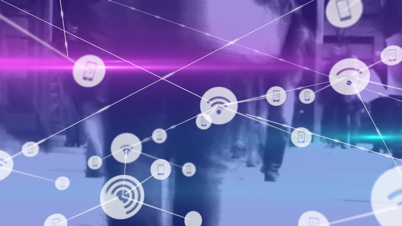 렌즈 플레어 위의 선으로 연결된 아이콘의 애니메이션, 거리에서 는 사람들의 타임 스