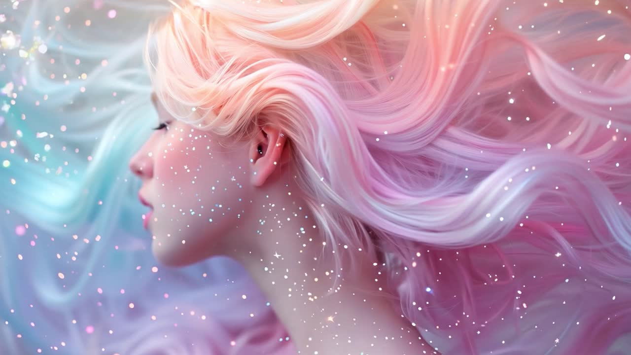 Ethereal Portrait with Flowing Pastel Hair and Glitter