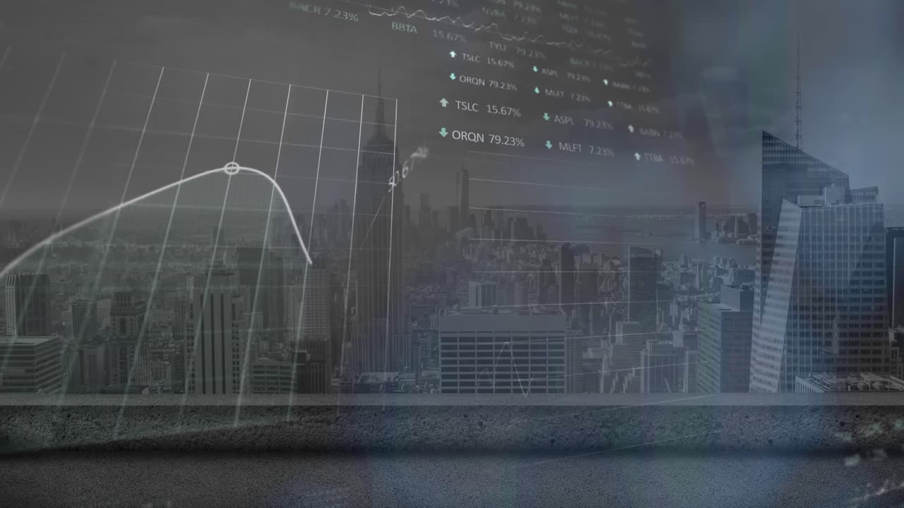 animación del procesamiento de datos estadísticos y bursátiles frente a una vista aérea del paisaje urbano