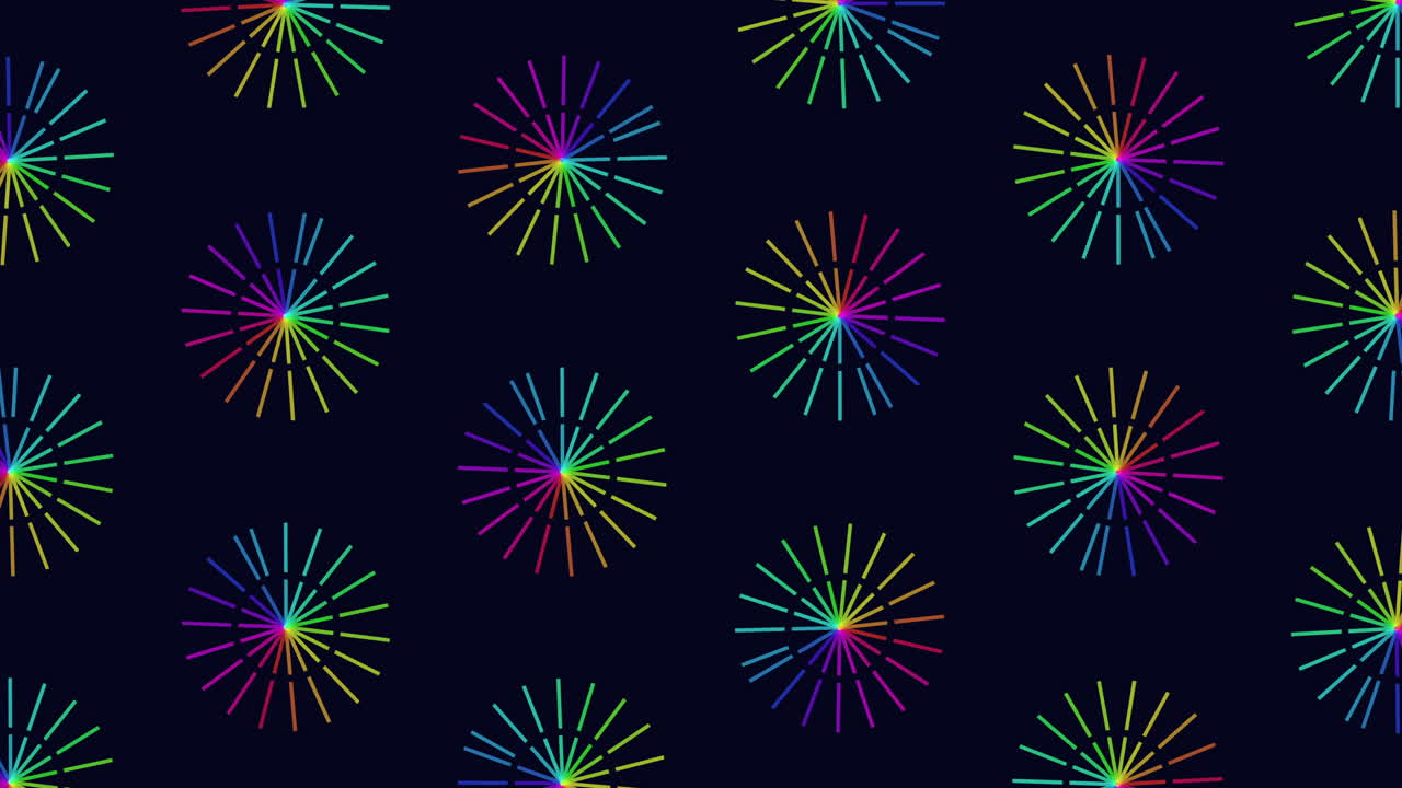 검은색 그라데이션에 무지개 선을 가진 네온 미래적인 꽃 패턴을 반복합니다.