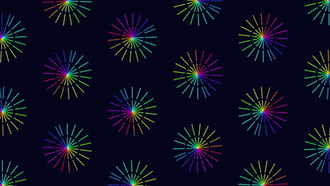 Repeat neon futuristic flowers pattern with rainbow lines on black gradient